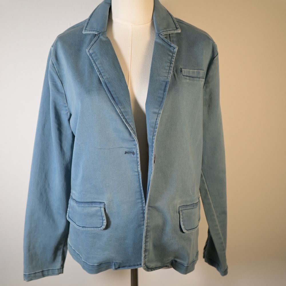 Bedford Fair Womens 08P Blue Cotton Blend Knit Blazer Jacket Stonewashed